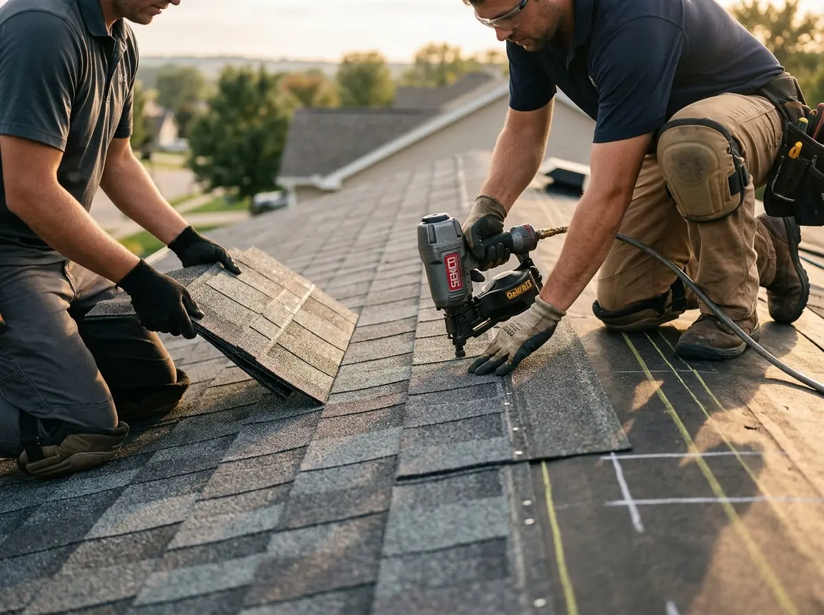 Professional roofer working on a residential roof in Galion